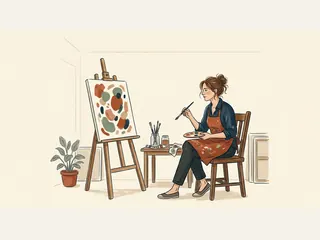 Una artista sentada con pincel y paleta frente a un lienzo de formas abstractas.
