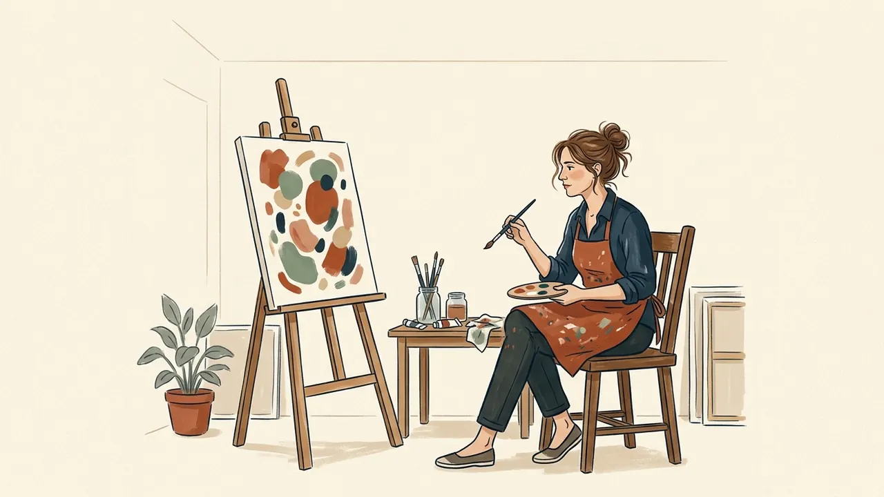 Una artista sentada con pincel y paleta frente a un lienzo de formas abstractas.