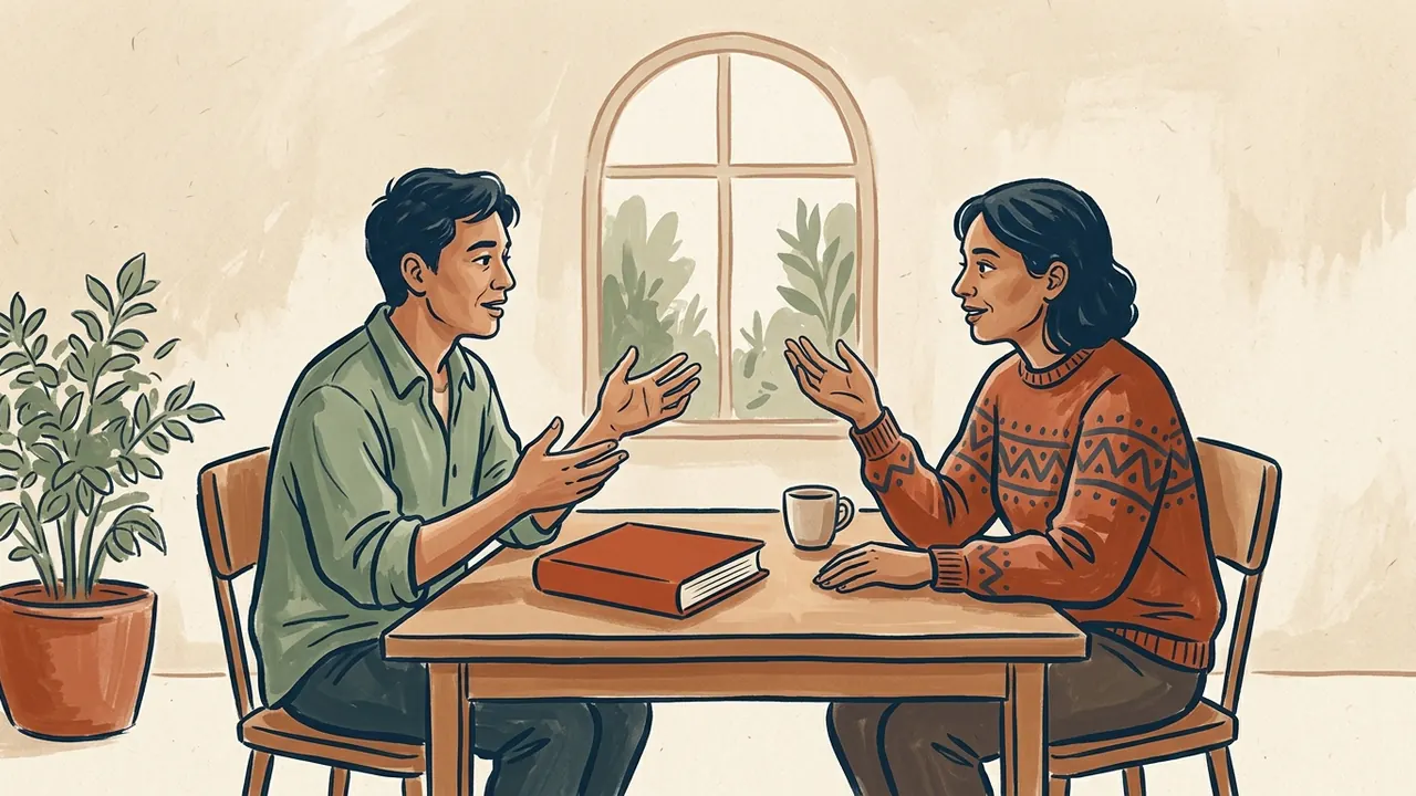 Dos personas adultas conversan junto a un libro cerrado.