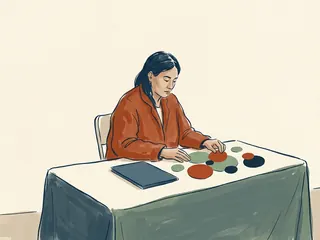 Una persona sentada organiza círculos de papel junto a una carpeta lisa.