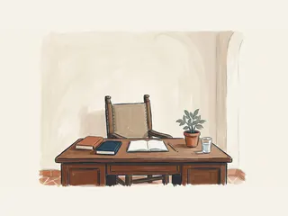 Mesa de trabajo con libros, una libreta abierta, un vaso de agua y una planta junto a una silla.