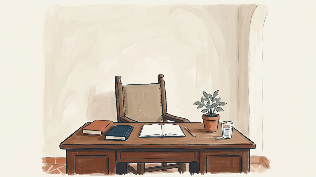 Mesa de trabajo con libros, una libreta abierta, un vaso de agua y una planta junto a una silla.