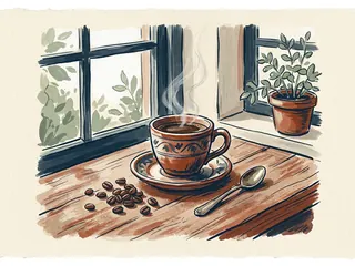 Taza de café, granos y cuchara sobre una mesa junto a una ventana.