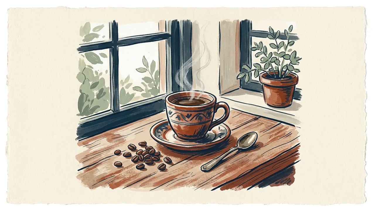 Taza de café, granos y cuchara sobre una mesa junto a una ventana.