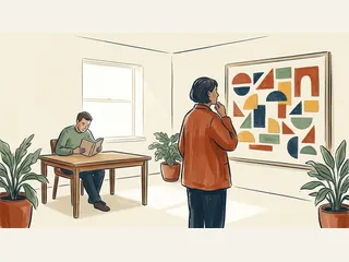 Una persona contempla un panel geométrico de colores mientras otra lee al fondo de una sala.