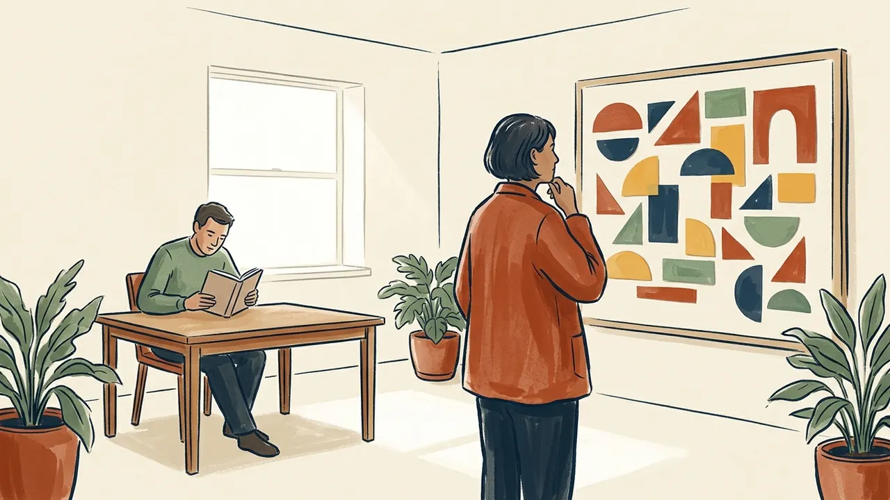 Una persona contempla un panel geométrico de colores mientras otra lee al fondo de una sala.