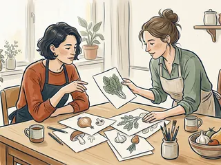 Dos personas con delantal comparan dibujos de ingredientes sobre una mesa de cocina.