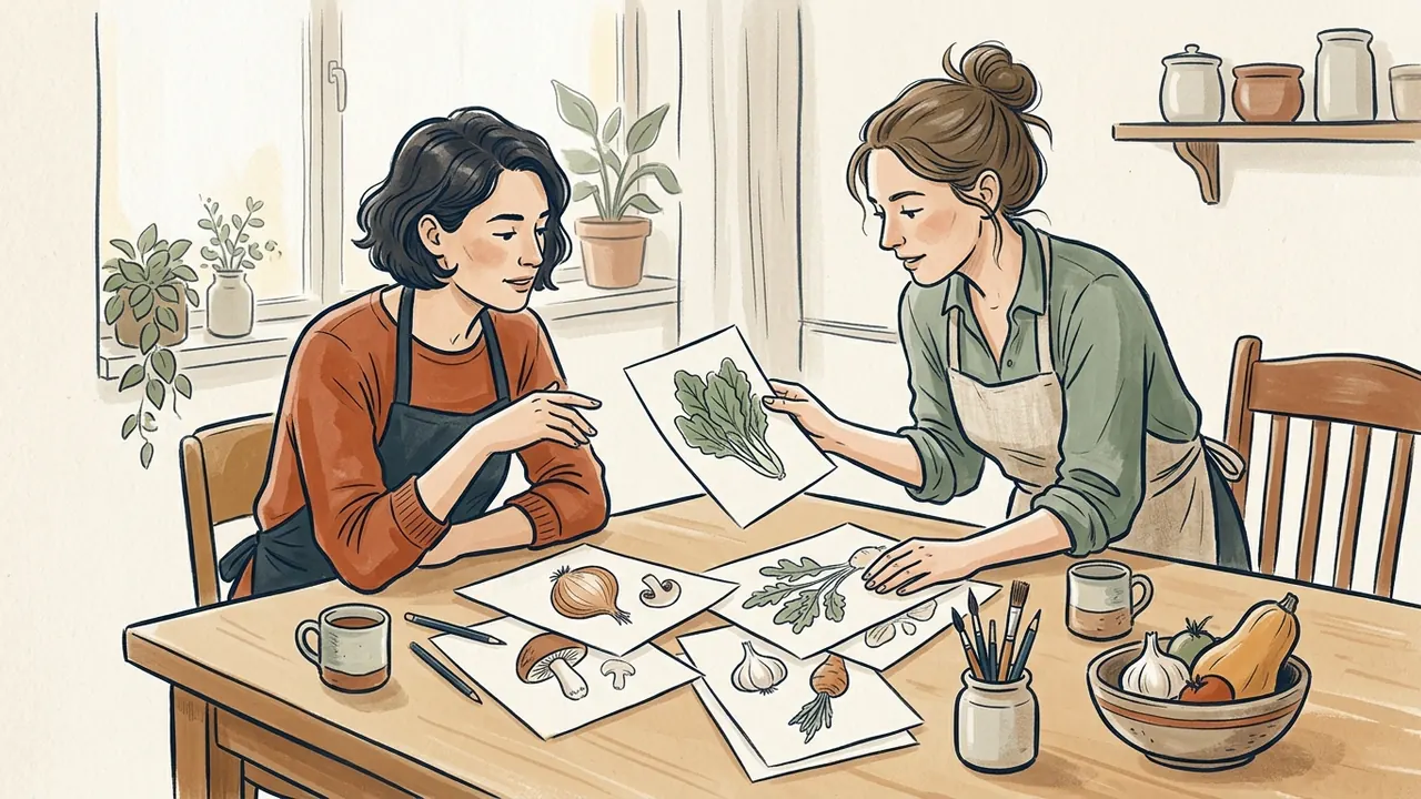 Dos personas con delantal comparan dibujos de ingredientes sobre una mesa de cocina.