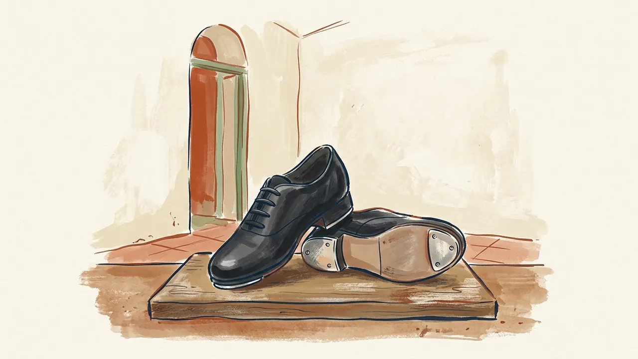 Par de zapatos negros de claqué sobre una tarima de madera; uno muestra las placas metálicas de la suela.