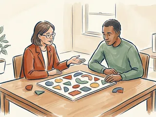 Dos personas adultas revisan un panel de piezas geométricas sobre una mesa.