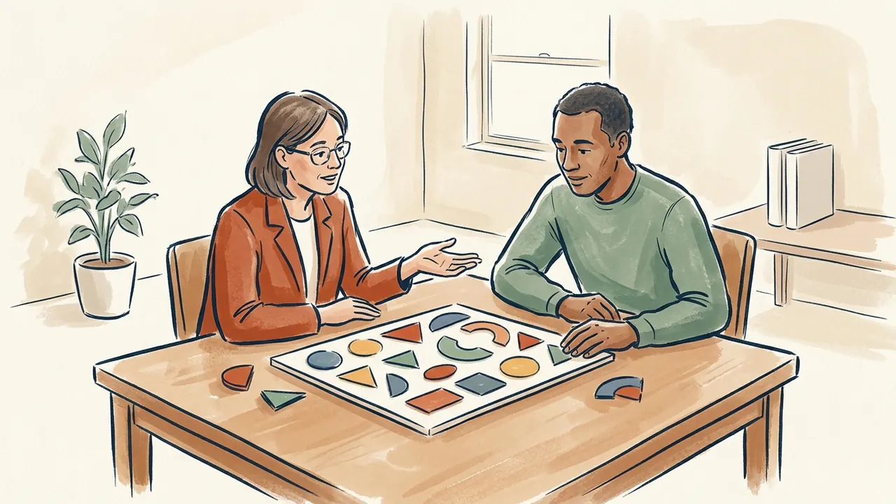 Dos personas adultas revisan un panel de piezas geométricas sobre una mesa.