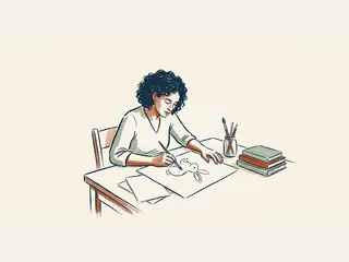 Una persona dibuja un conejo sobre papel en una mesa con libros y lápices.