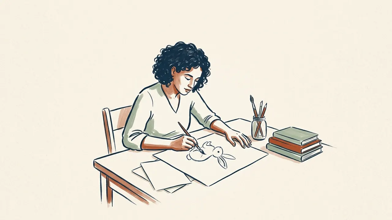 Una persona dibuja un conejo sobre papel en una mesa con libros y lápices.
