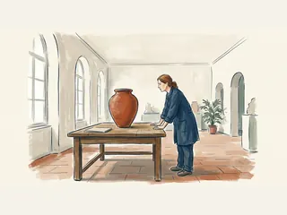 Conservadora-restauradora observando una vasija de cerámica sobre una mesa de trabajo.