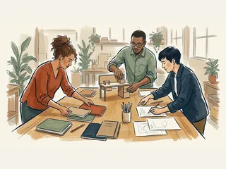 Tres personas organizan materiales y una maqueta de escritorio sobre una mesa compartida.