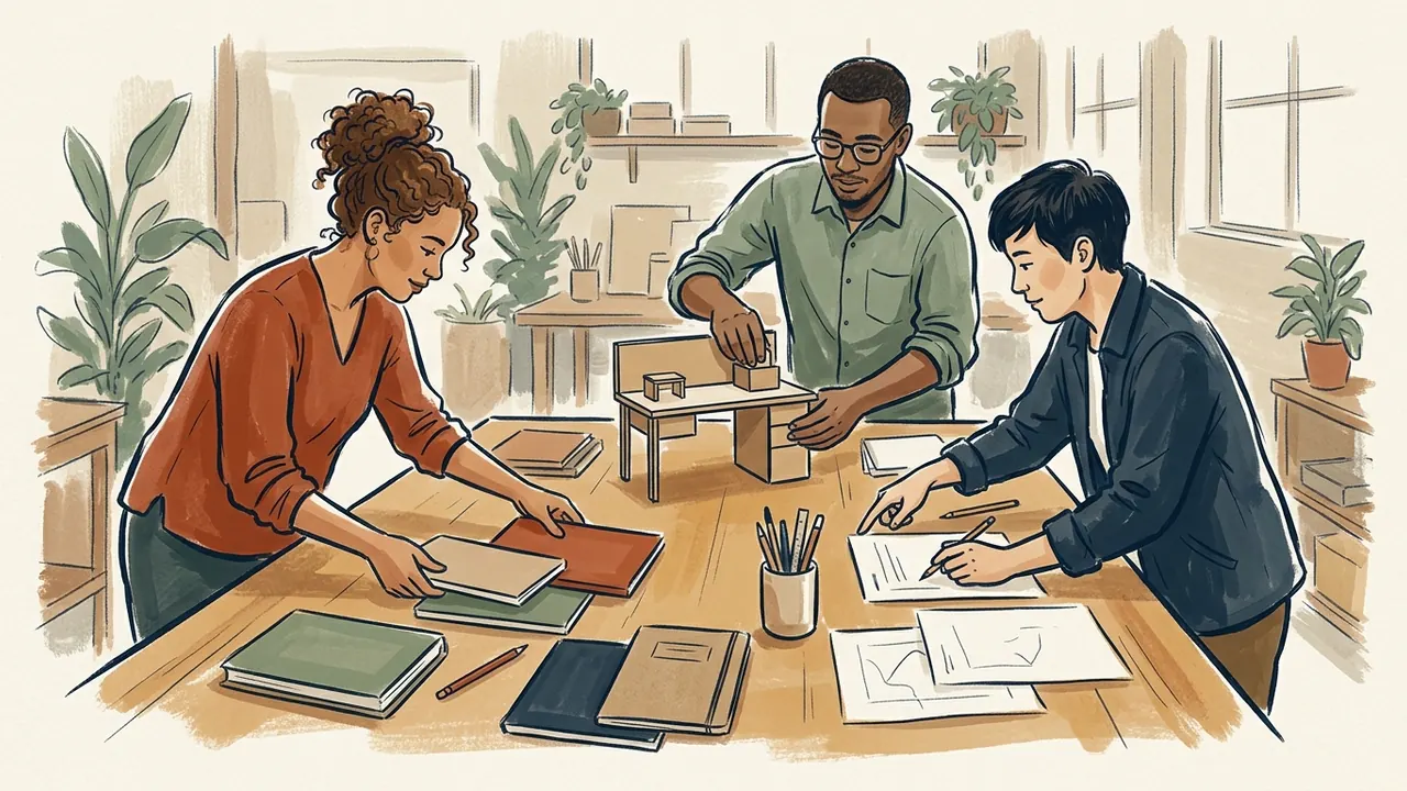 Tres personas organizan materiales y una maqueta de escritorio sobre una mesa compartida.