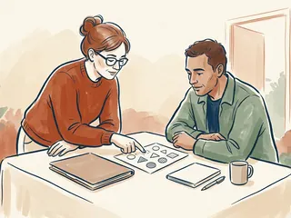 Dos personas adultas comentan una lámina de formas geométricas junto a una carpeta cerrada y un cuaderno.