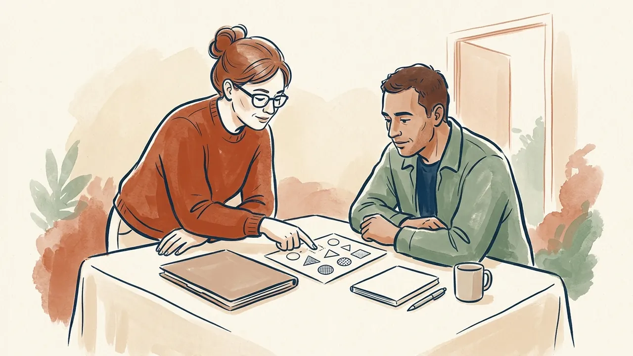 Dos personas adultas comentan una lámina de formas geométricas junto a una carpeta cerrada y un cuaderno.