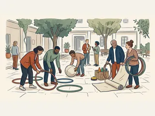 Varias personas preparan un juego cooperativo con aros y una pelota en un patio.