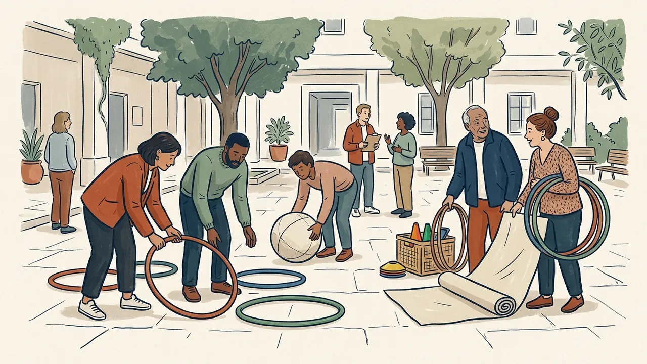 Varias personas preparan un juego cooperativo con aros y una pelota en un patio.