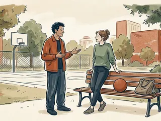 Dos personas conversan junto a una pista deportiva y un banco con una pelota.