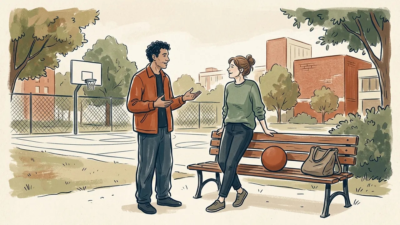 Dos personas conversan junto a una pista deportiva y un banco con una pelota.