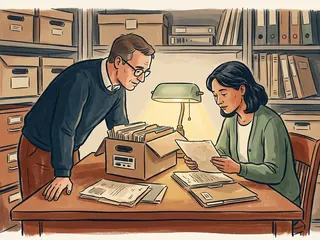 Dos personas consultan una caja de archivo y documentos en una sala de memoria.