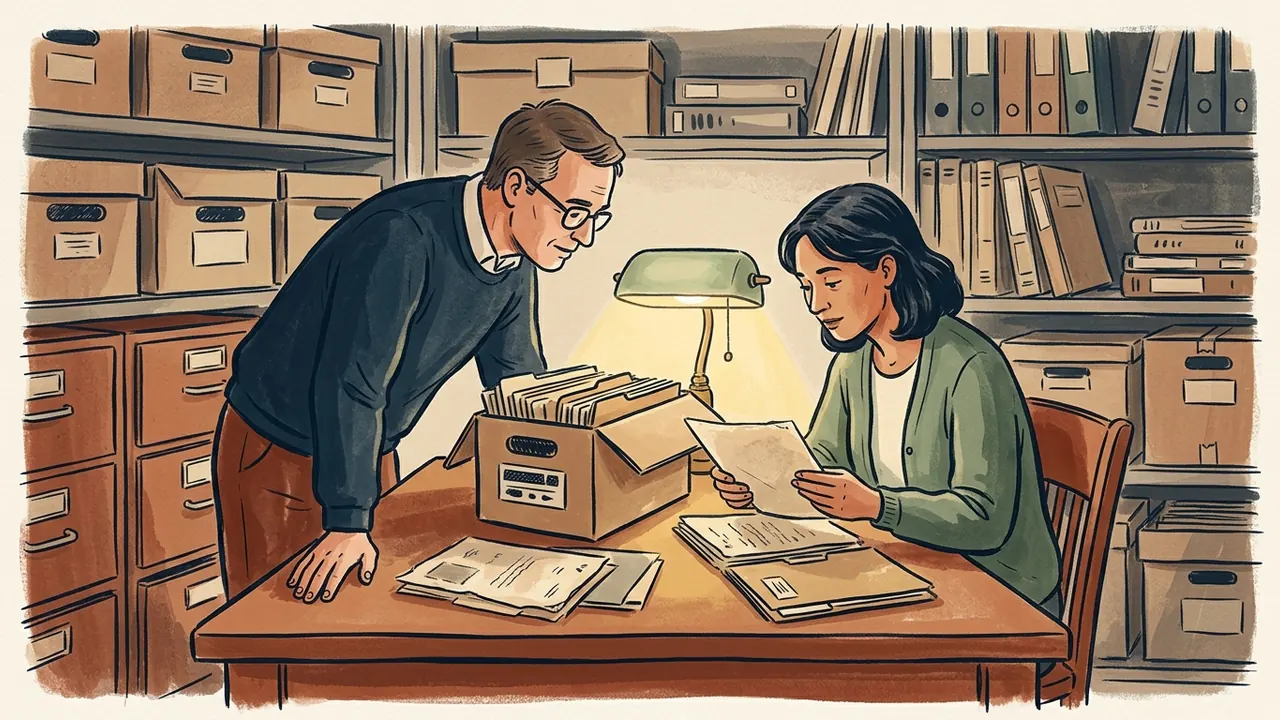Dos personas consultan una caja de archivo y documentos en una sala de memoria.
