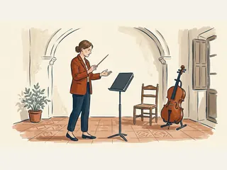 Directora con batuta junto a un atril, una silla y un violonchelo en una sala de música.