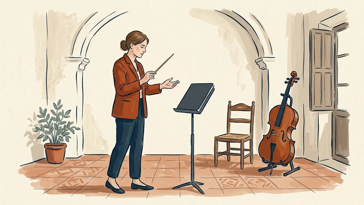 Directora con batuta junto a un atril, una silla y un violonchelo en una sala de música.