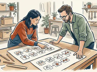 Dos personas comparan secuencias de dibujos en una mesa de taller.