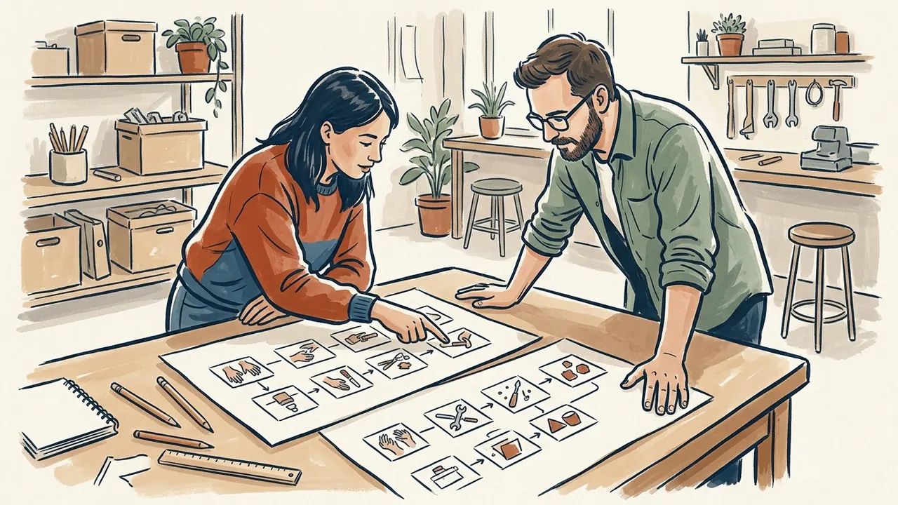 Dos personas comparan secuencias de dibujos en una mesa de taller.