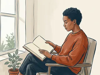 Una persona lee un libro de páginas lisas junto a una ventana.