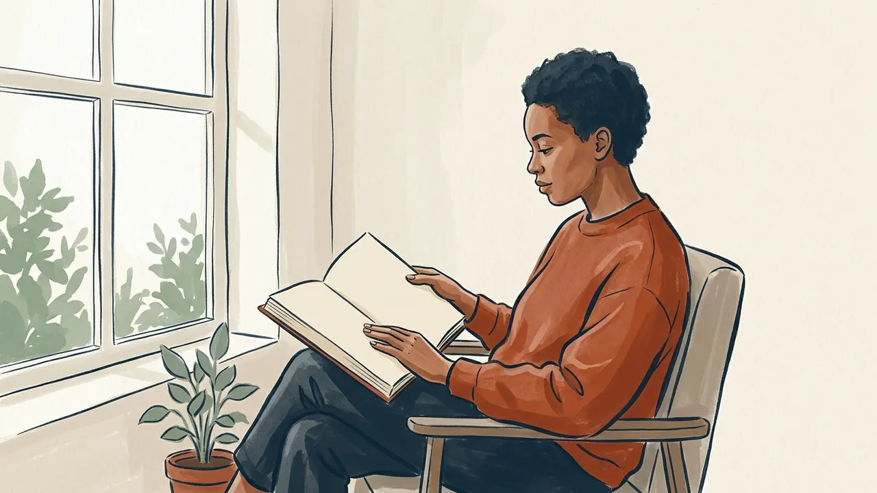 Una persona lee un libro de páginas lisas junto a una ventana.