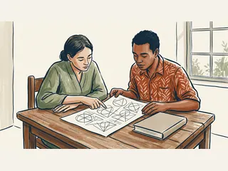 Dos personas consultan una lámina geométrica junto a un libro cerrado en una sala cultural ficticia.