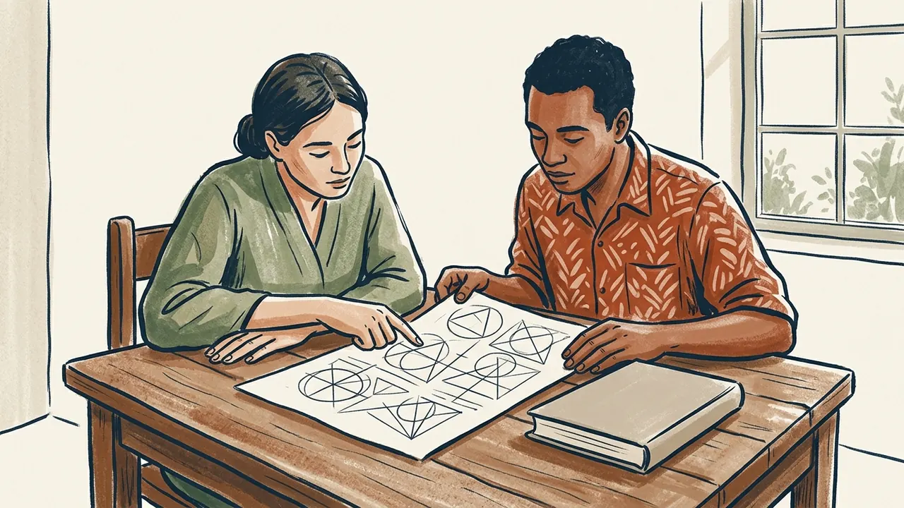 Dos personas consultan una lámina geométrica junto a un libro cerrado en una sala cultural ficticia.