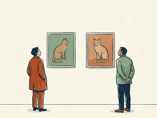 Dos personas contemplan dos pinturas originales de gatos sentados.
