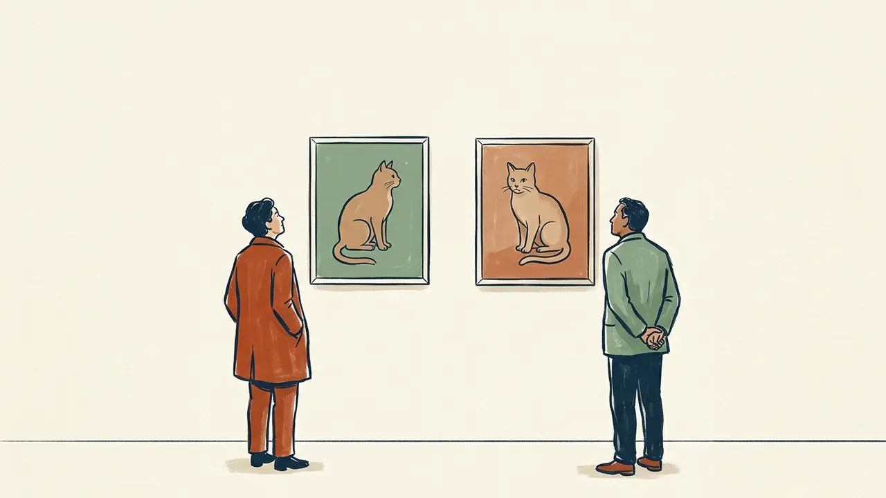 Dos personas contemplan dos pinturas originales de gatos sentados.