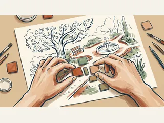Dos manos colocan fichas sobre el dibujo de un parque imaginario.