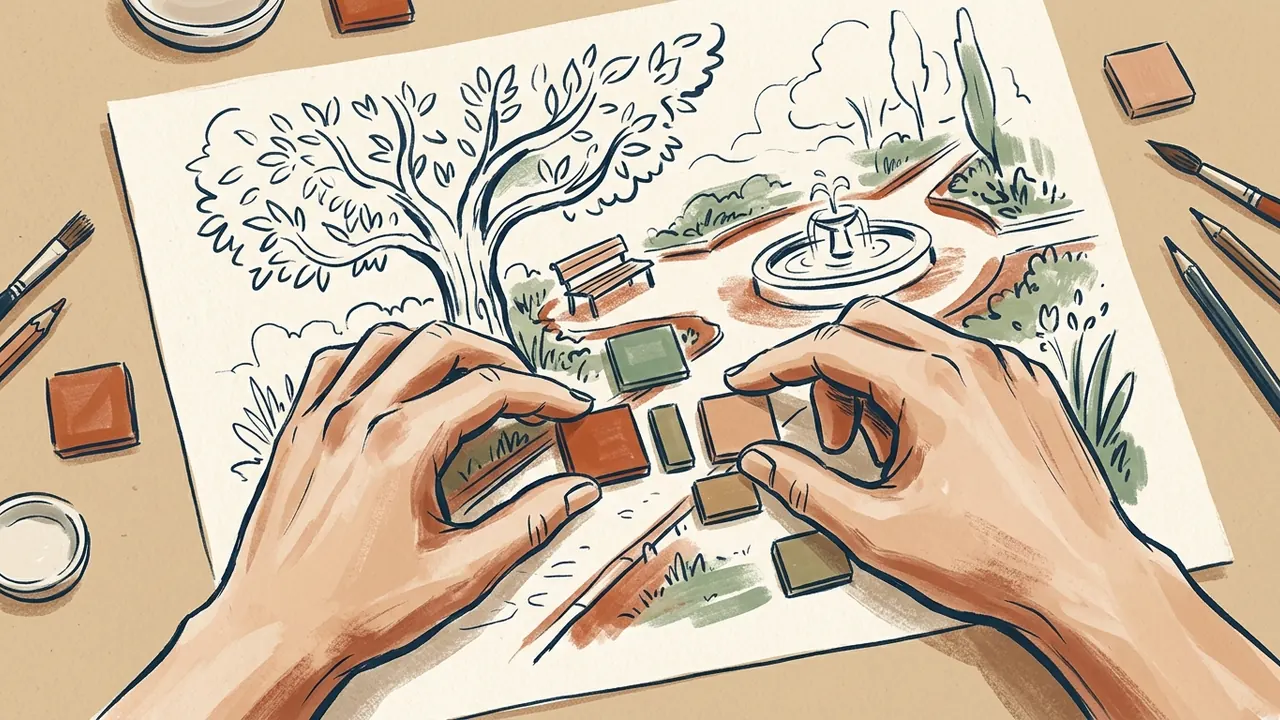 Dos manos colocan fichas sobre el dibujo de un parque imaginario.