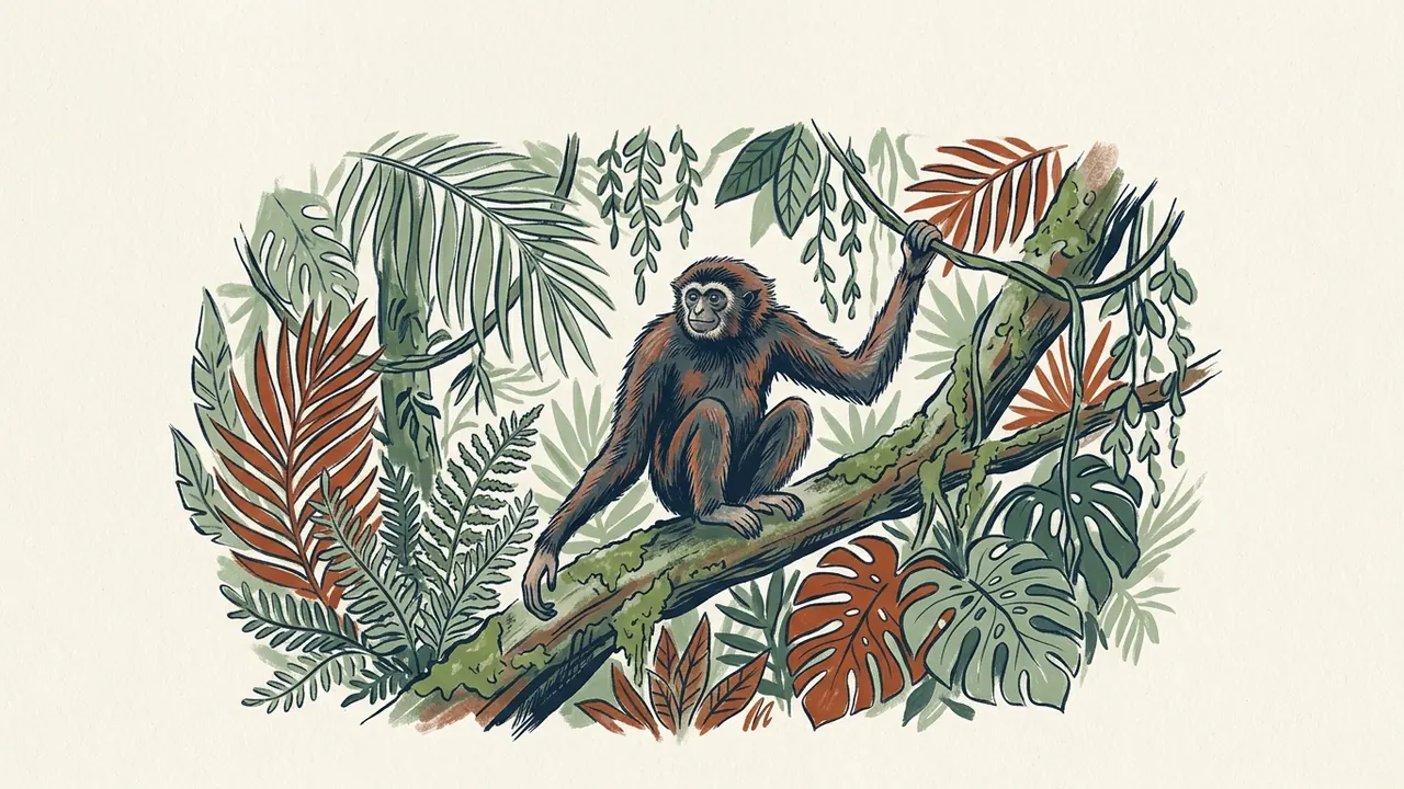 Un gibón de brazos largos descansa en una rama de un bosque tropical.