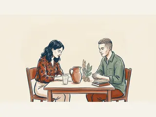 Dos personas adultas ante un vaso vacío, una jarra cerámica y formas vegetales de papel.