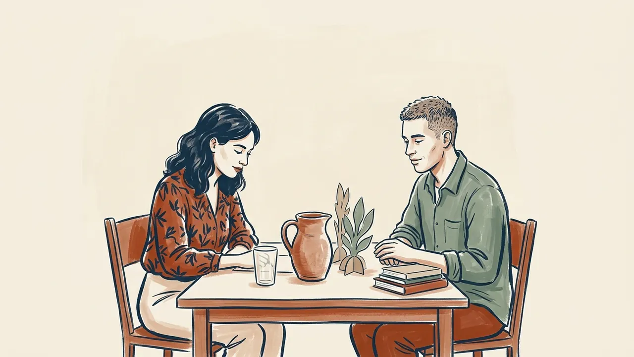 Dos personas adultas ante un vaso vacío, una jarra cerámica y formas vegetales de papel.