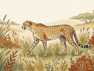 Un guepardo ilustrado camina entre hierbas en un paisaje ficticio.