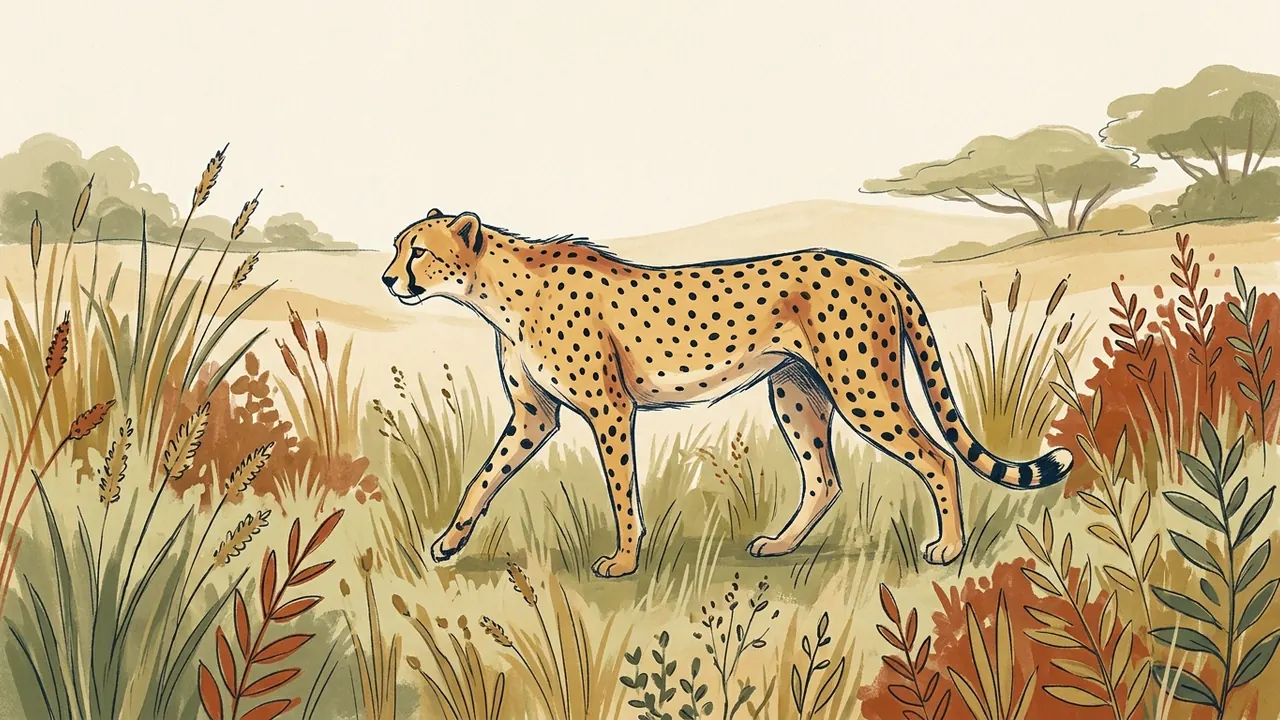 Un guepardo ilustrado camina entre hierbas en un paisaje ficticio.