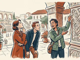 Una guía explica un detalle arquitectónico a dos visitantes en una plaza ficticia.