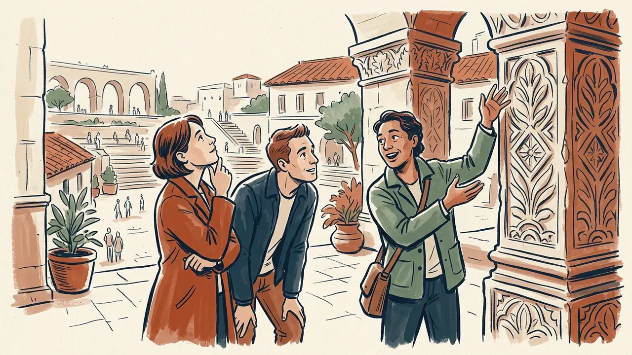 Una guía explica un detalle arquitectónico a dos visitantes en una plaza ficticia.