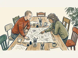 Dos personas comparan un dibujo de paisaje en una mesa de trabajo creativo.