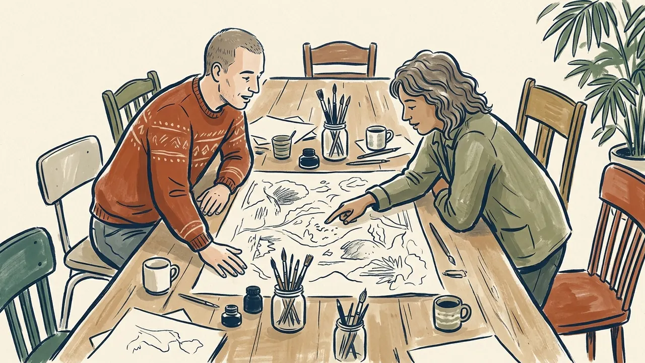 Dos personas comparan un dibujo de paisaje en una mesa de trabajo creativo.