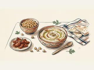 Cuenco de hummus junto a garbanzos, tomates secos y pan, ilustrados sobre una mesa.